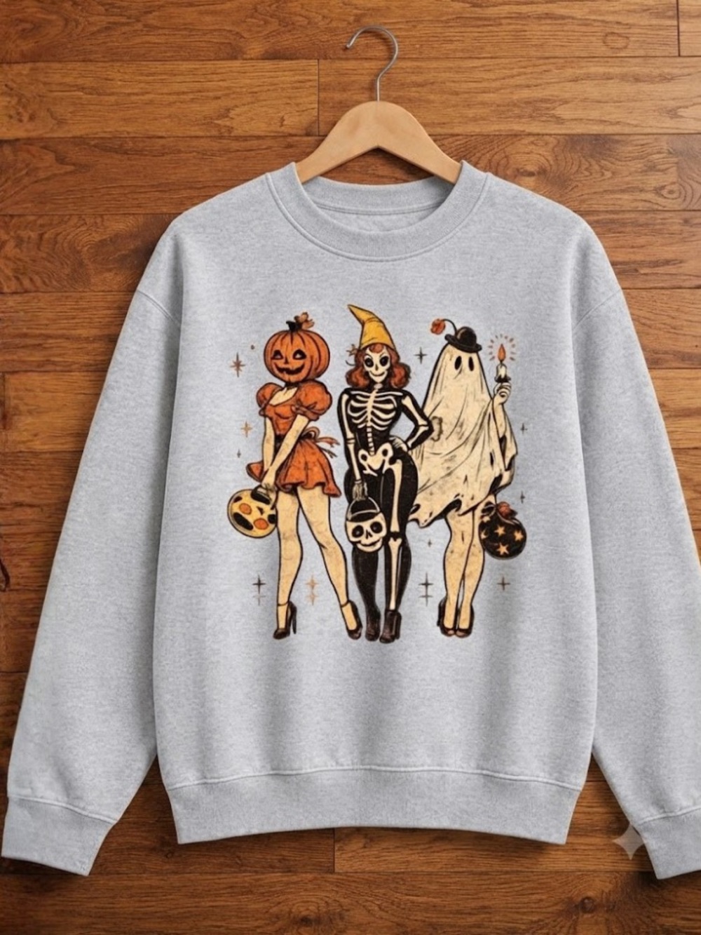 Pumpkin Head Witch Ghost Halloween Retro Costumes Vintage Gray Sweatshirt